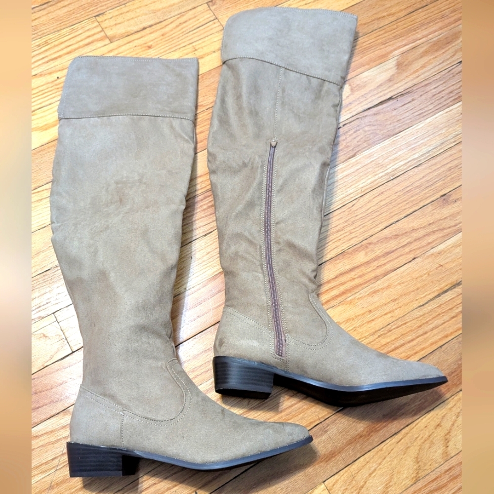 JustFab Flat Taupe Over the Knee boots, 8.5